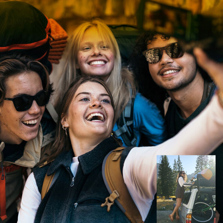 A group of young people that love outdoor activities like hiking, trekking, camping, adventuring taking a selfie.